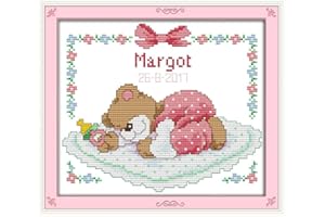 CaptainCrafts Cross Stitch Kits Stamped Kit Printed 11CT Fabric Cross Stitching DIY Art DMC Needlecrafts Embroidery Kit for Adults (Stamped, Sleeping Baby Bear (Pink))
