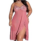 OYOANGLE Women's Plus Size Floral Sheer Nightgowns Sleeveless Ruffle Split Chemise Nightdress Babydoll Lingerie