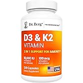 Dr. Berg Vitamin D3 & K2 10,000 IU + MK-7 – 120 Capsules – Immune, Bone & Heart Support* Supplement w/Magnesium, Zinc, B6 – 4X Lab-Tested – No Fillers – Non-GMO, cGMP, Formulated in USA