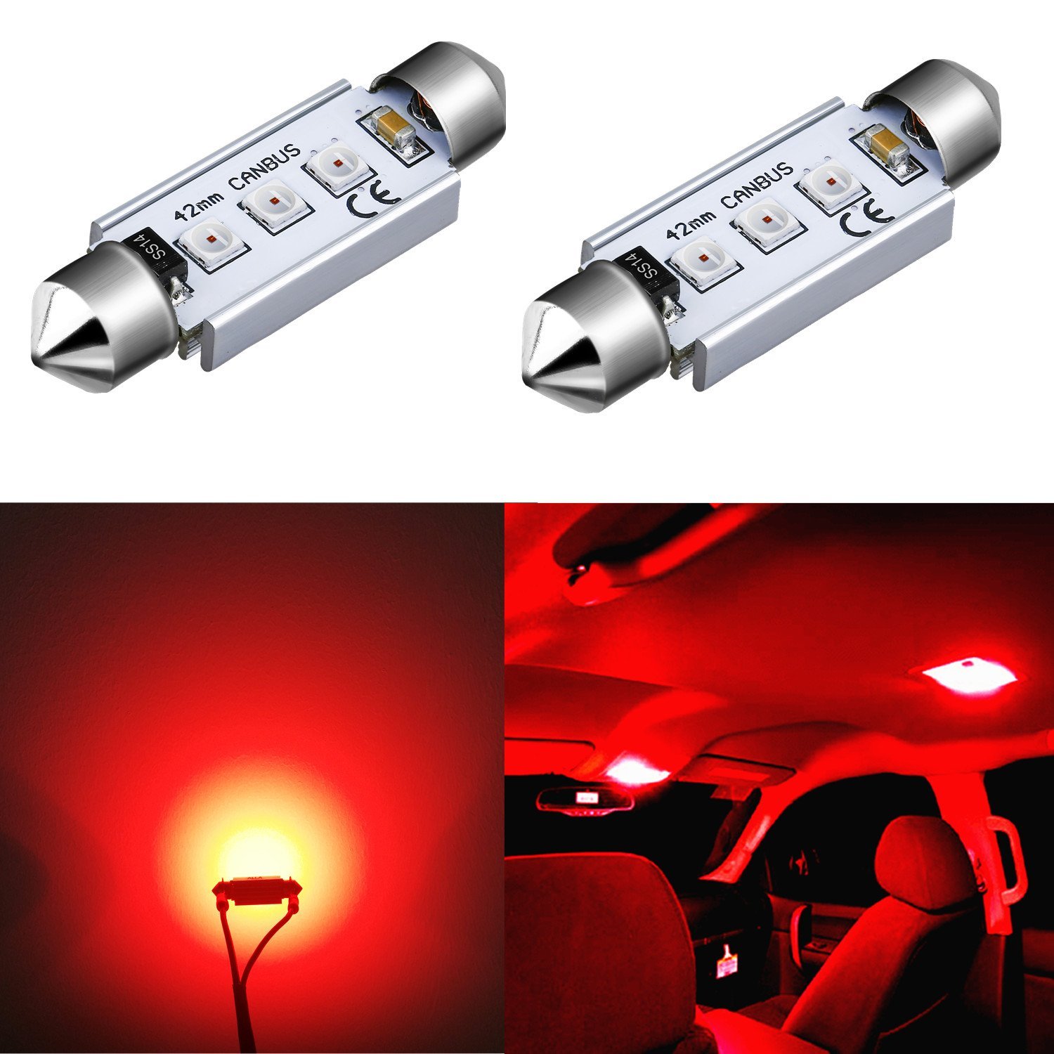Alla Lighting Super Bright 42MM 578 LED Bulb Red High Power 3030-SMD CANBUS LED 578 Bulb Festoon 211-2 212-2 569 578 LED License Plate Tag Interior Map Dome Light Bulbs Replacement (Set of 2)