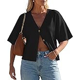 GRECERELLE Women's Summer Lightweight Short Sleeve Cardigans Open Front V Neck Casual Knit Button Down Sweater