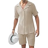KUYIGO Men's 2 Pieces Beach Outfit Cotton Set Short Sleeve Button Down Shirts Shorts Summer Casual Outfits