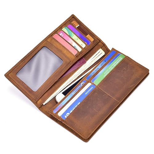 Men's Long Leather Bifold Wallet - Checkbook Billfold With Card Holder - Gift For Him