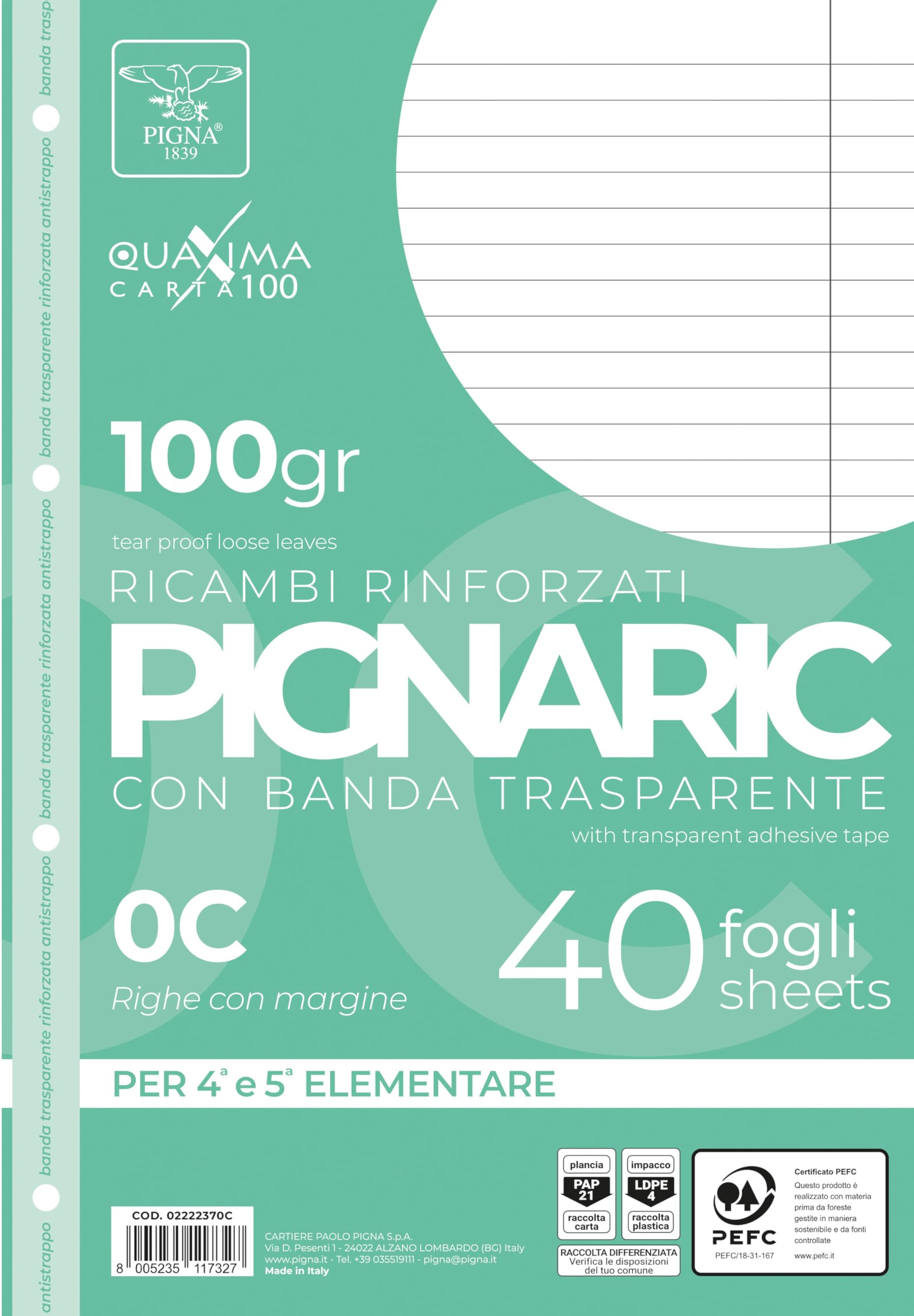 Pigna, Pack of 40 Spare Parts with 4 Holes, Filing, Reinforced Sideband, Reinforced Punched Sheets, 100g Paper, A4 Sheets, 21 x 29.7, 0C, Margin Lines