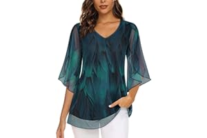 Viracy Womens Overlap Ruffle Sleeve V Neck Mesh Blouse Elastic Loose Flowy Tunic Tops