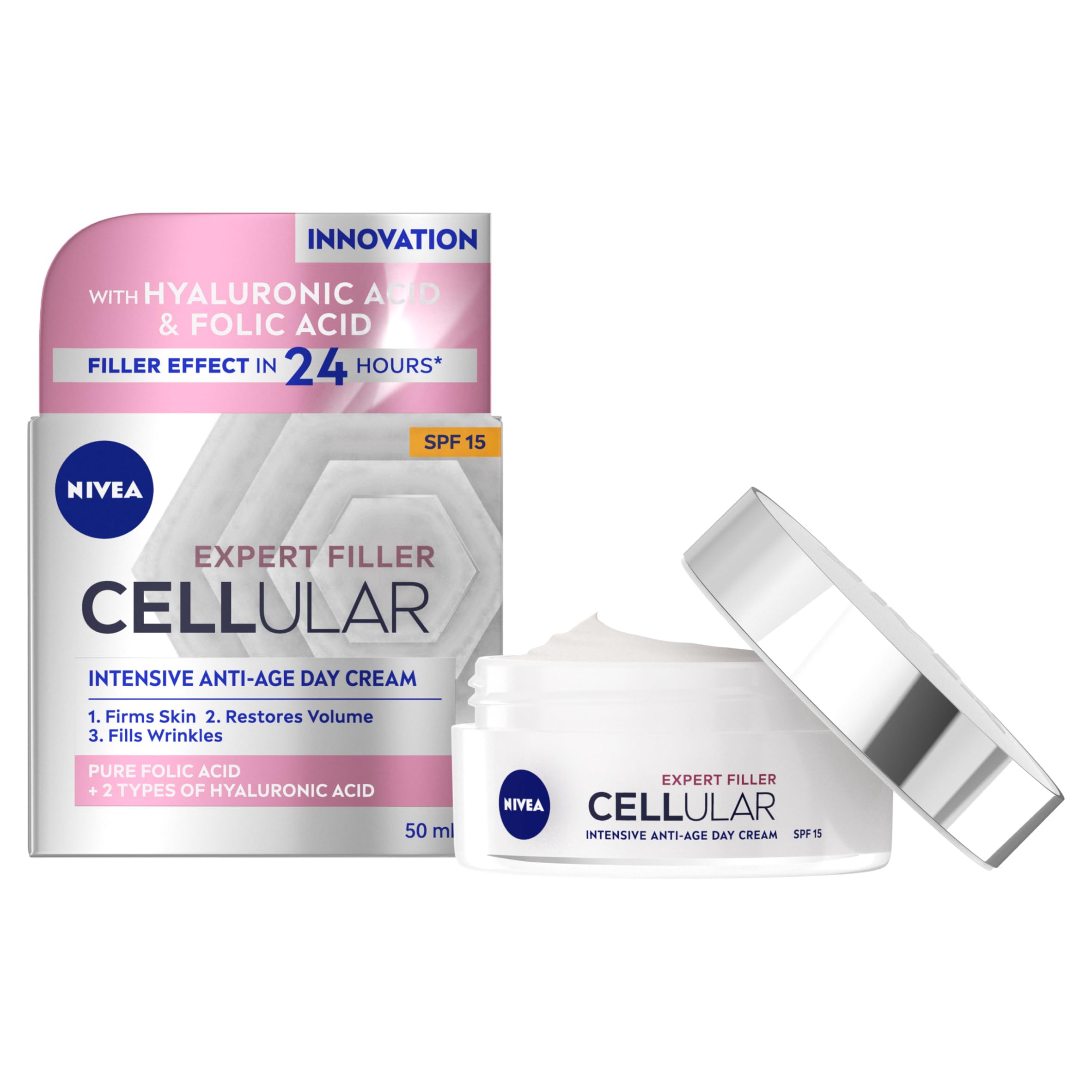 NIVEA Hyaluron Cellular Filler Anti-Age Day Cream SPF 15 (50ml), Anti Wrinkle Cream with Hyaluronic Acid, Anti Ageing Face Cream, Day Cream for Women