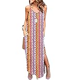 HUSKARY Women's Summer Casual Sleeveless V Neck Strappy Split Loose Dress Beach Cover Up Long Cami Maxi Dresses with Pocket