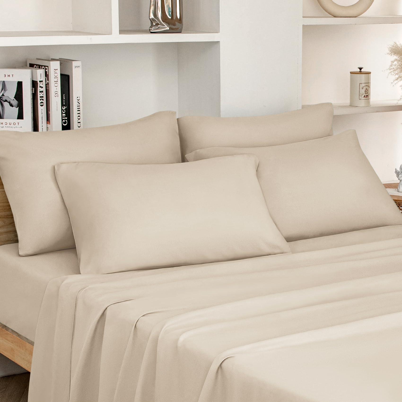 HOMEIDEAS 4 Piece Bed Sheets Set Extra Soft Brushed Microfiber 1800 Bedding Sheets - Deep Pocket, Wrinkle & Fade Free(Super King,Cream)