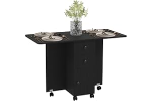 HOMCOM Foldable Dining Table, Rolling Kitchen Table with Storage Drawers and Cabinet, Drop Leaf Table on Wheels, Black