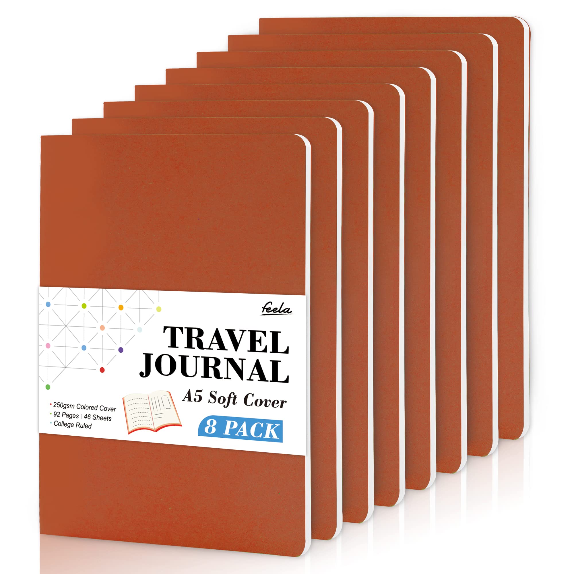 feela 8 Pack Soft Cover Notebooks A5 Lined Journal Notebooks College Ruled for Work, Lined Travel Journal for Women Men, Note Taking Notepad School Supplies Business Writing Note Books, Dark Orange