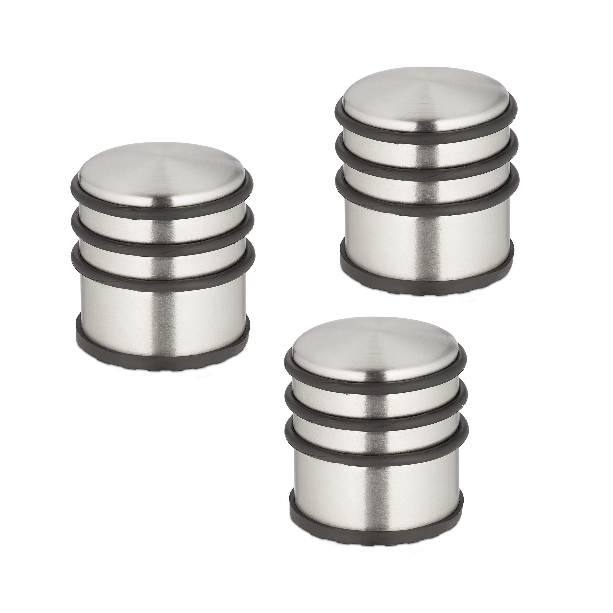 Relaxdays Set of 3 Door Bumpers, Stainless Steel, HxØ: 7.5 x 7 cm, High & Heavy, Non-slip, Slamming Brakes, Silver/Black