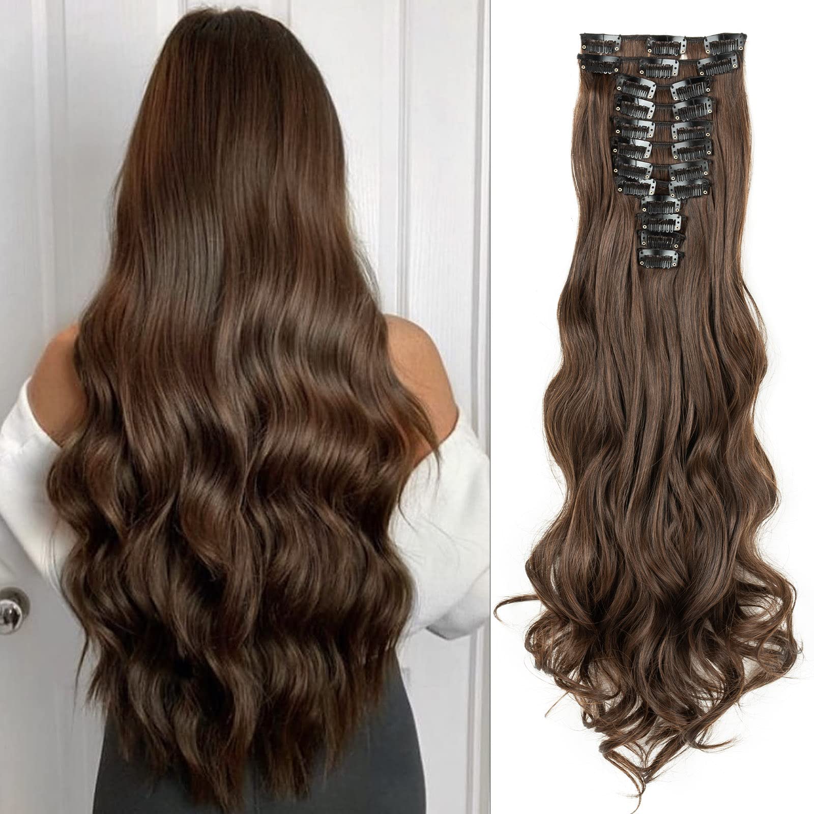 Clip in Hair Extensions 22inch Long Curly Full Head 12 Pieces 22 Clips 180 Gram Soft Thick Synthetic Hair Extension Hairpiece for Women #4/30 Medium Brown/Light Auburn — image 1