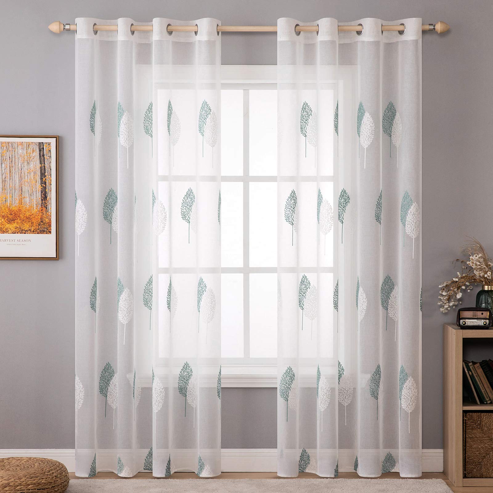 MIULEE Leaves Embroidery Sheer Curtains Grommet Window Curtain Semi Voile Drapes Panels with Eyelets Window Treatments for Living Room Bedroom Big Leaves Blue 2 Panels 55" Wx 57" L