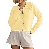 Ythomm Womens Ruffle Collar Cropped Cardigans Button Down Open Front Long Sleeve Knit Sweater Jackets Casual Solid Fall Tops (Yellow, X-Large)