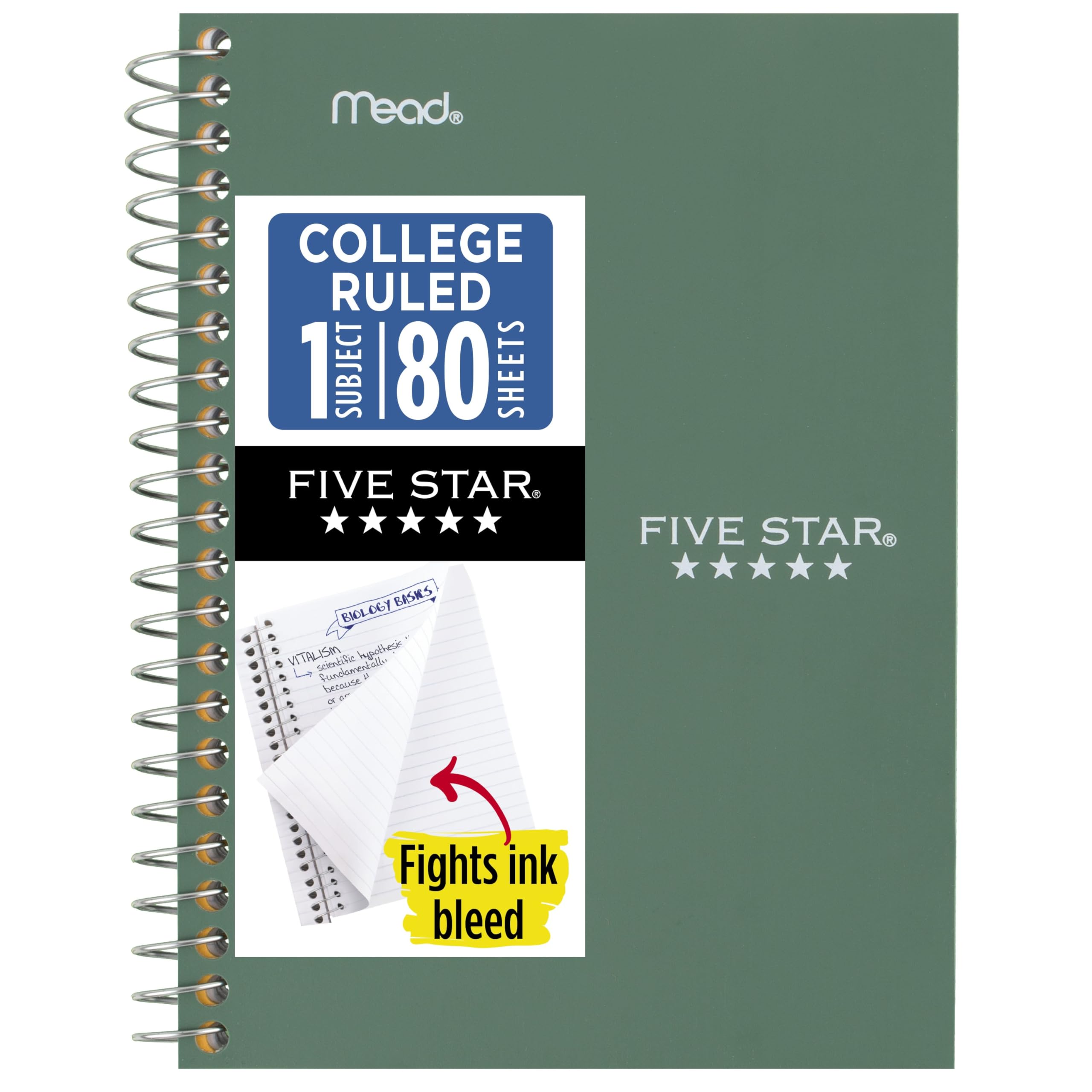 Five Star Spiral Notebook, 1 Subject, College Ruled Paper, 4-3/8" x 7", Personal Size, 80 Sheets, Fights Ink Bleed, Water Resistant Cover, Seaglass Green (450048CH1-ECM)
