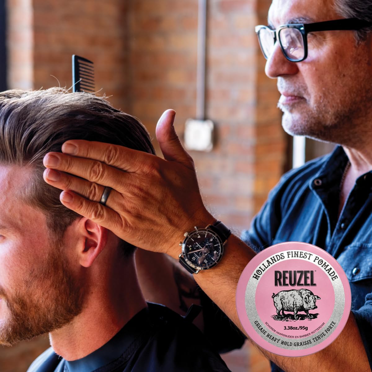 REUZEL Pink Grease Pomade, Strong All Day Hold, Oil-Based Styling Wax, Medium Shine