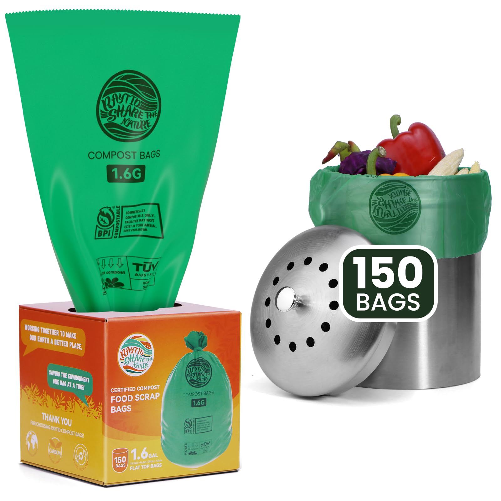 Photo 1 of RAYTID 150 Counts 1.6 Gallon (1.6-1.75-2 Gal) Compost bin kitchen Bags, Fit 4.5,6,7,8 Liters,Strong compost bags for countertop bin,ASTM D6400, US BPI and Europe OK compost HOME certified