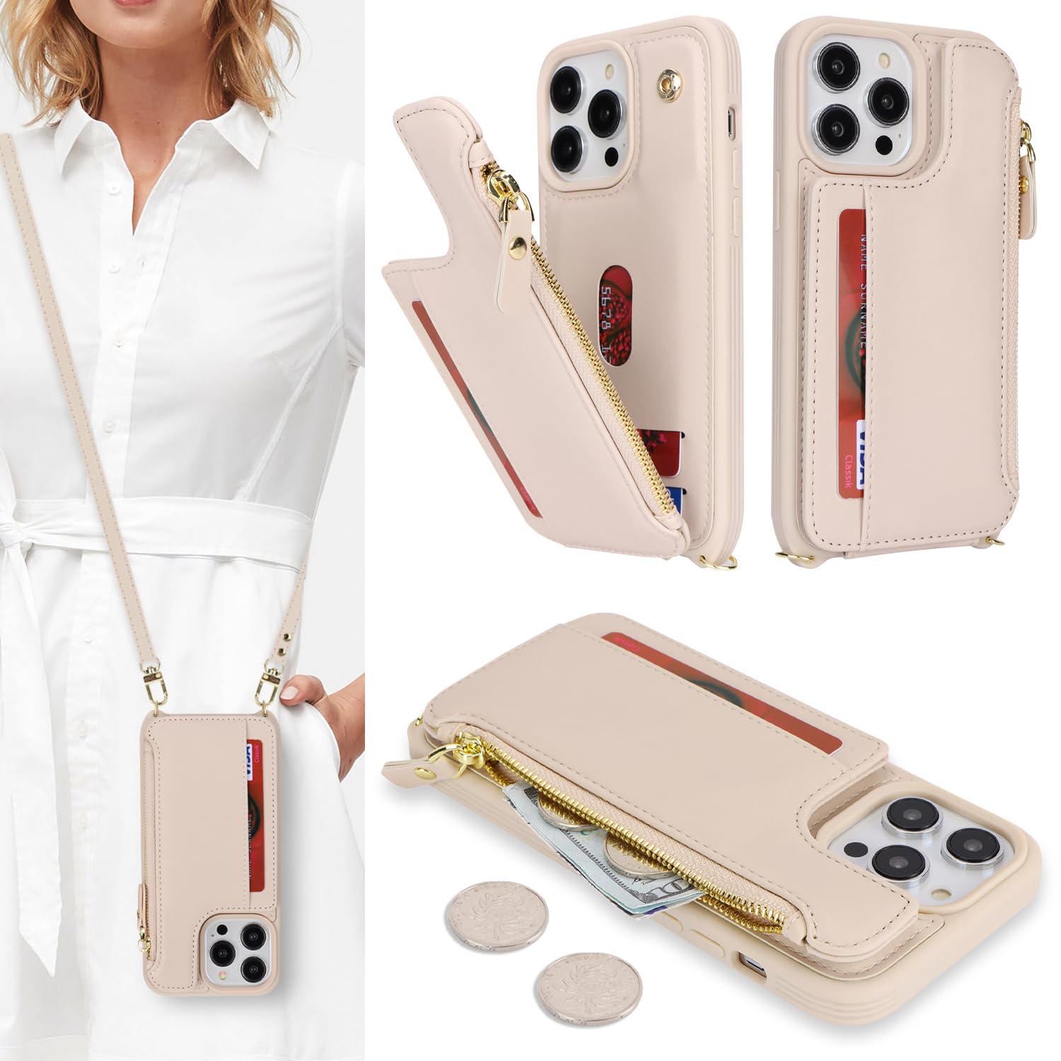 SailorTech for iPhone 15 Pro Max Phone Case with Credit Card Holder for Women, iPhone 15 Pro Max Leather Case Wallet Crossbody with Credit Card Slots Zipper Shockproof Case for Men - Apricot