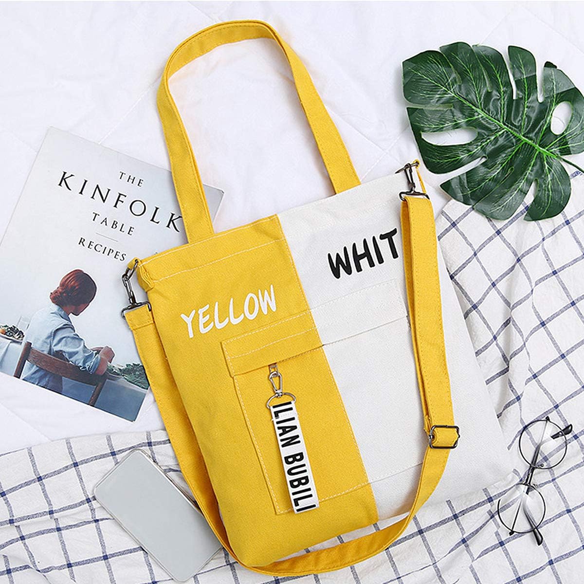 NICOLE & DORIS Women Canvas/Corduroy Tote Bag Large Shopping Handbag Shoulder Cross Body A4 Laptop Bag for Girls School Casual Chic Bags Yellow-White - Image 5