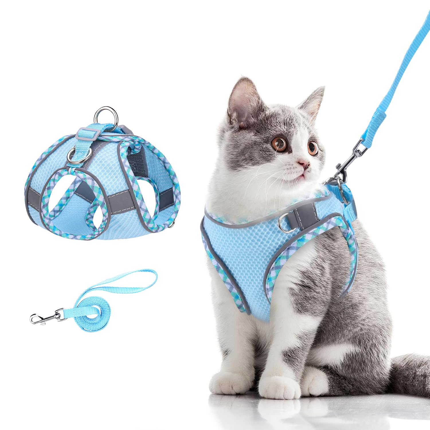 Brifit Cat Harness and Lead Set, Soft Mesh Adjustable Cat Vest Harness, Escape-Proof, Reflective Kitten Harness for Large Small Cats, Cat Vest Harness with Leash Sets for Cats Dogs Walking (Blue, XXS)