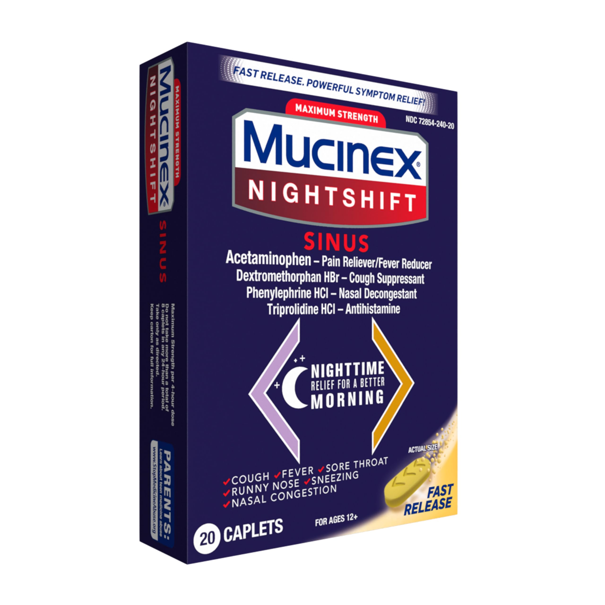 Mucinex Nightshift Sinus, Maximum Strength Powerful MultiSymptom Night Relief, 20 Fast Release Caplets Pain Reliever/Fever Reducer, Cough Suppressant, Nasal Decongestant & Antihistamine