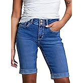 Sidefeel Women's Jean Shorts High Waisted Stretchy Bermuda Folded Hem Denim Summer Shorts