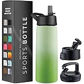 Triple-Insulated Stainless Steel Water Bottles with Straw, 25 Oz Reusable Insulated Water Bottles with 3 Lids, Metal Water Bottle for Travel, School, Sports, Gym/Men, Women & Kids (Dreamy Green)