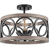 Kira Home Larkin 15" 3-Light Modern Farmhouse Semi-Flush Mount Ceiling Light, Metal Drum Shade, Weathered Ash Wood Finish + B