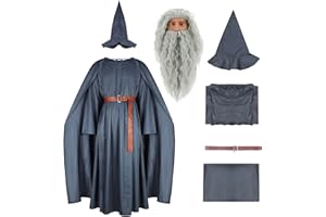 LILLIWEEN Wizard Costume with Wig Adult Warlock Robe Men Sorcerer Costume Grey Cloak Hat Cape Halloween Cosplay Outfits