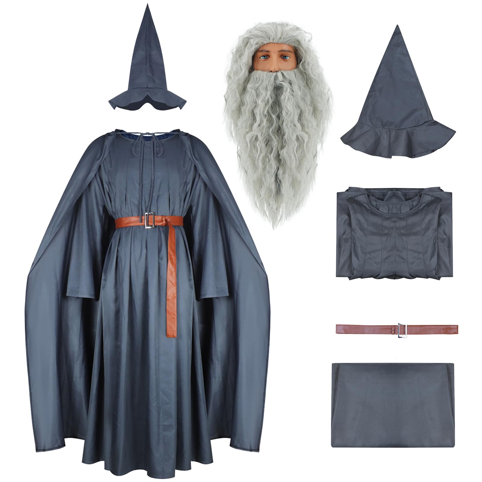 AYYOHON Adult Gandalf Robe with Wig Mithrandir Lord Rings Costume Grey Cloak Wizard Hat Cape Set Halloween Cosplay Suit L