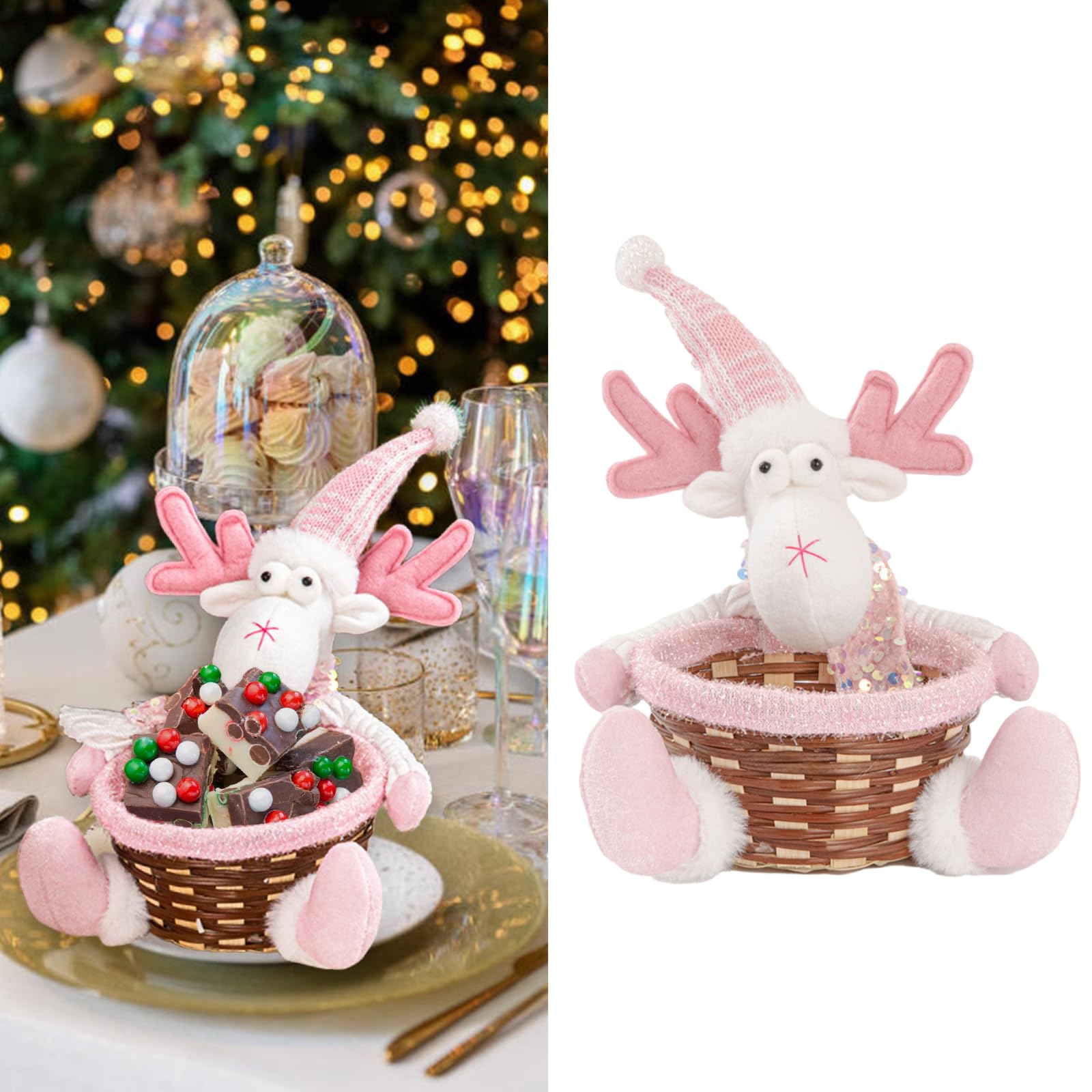 Photo 1 of **MINOR HOLE IN THE ARM*** Christmas Candy Cookies Storage Basket Snack Chocolate Woven Holder Basket Xmas Candy Dish Dessert Bowl for Winter Holiday Party Decoration (Pink Reindeer)