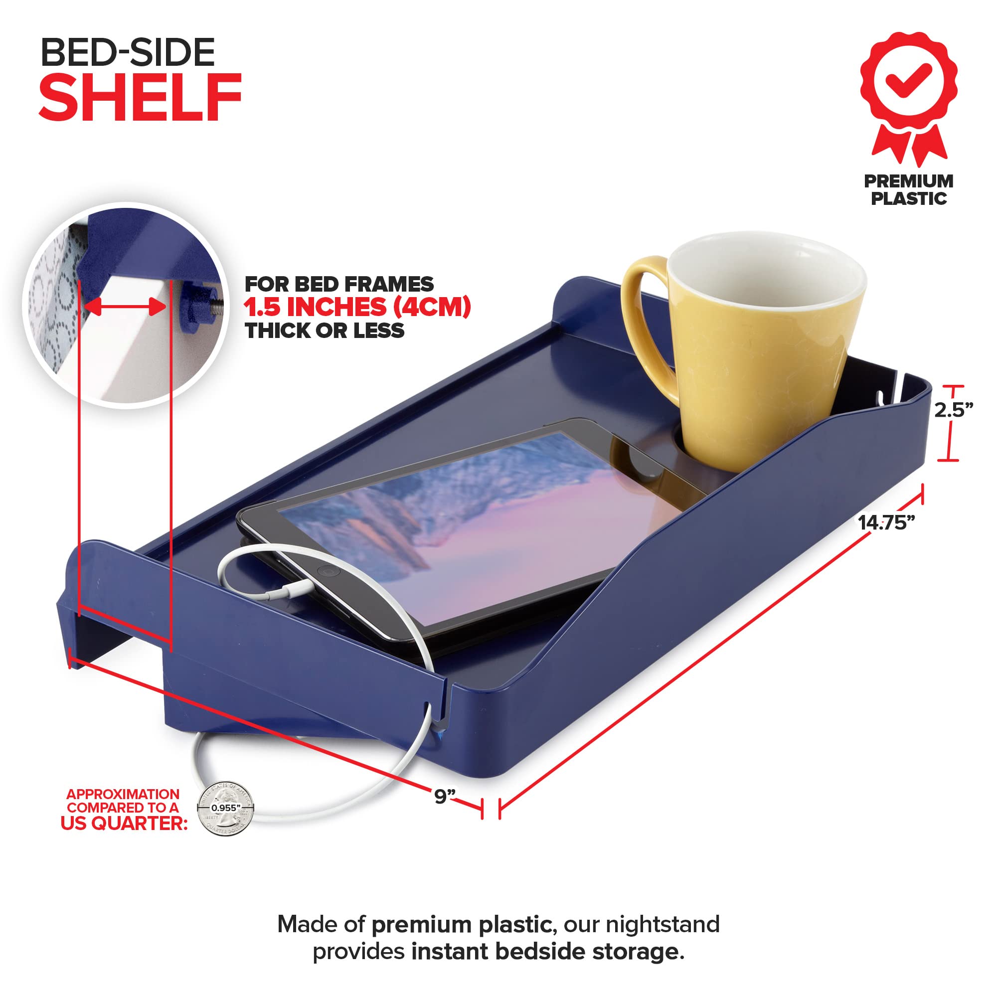 Modern Innovations Bedside Shelf for Bed, College Dorm Room, Bunk Bed Shelf for Top Bunk, Clip On Nightstand Tray with Cord and Cup Holder, Bunkbed Caddy for Table Storage (Navy)