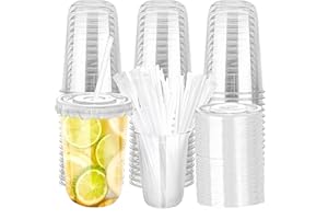 Leitungg 50 Plastic Cups, Flat Lids and Straws, 12-Ounce Transparent Plastic Cups Without Handles, Iced Coffee, Round-Bottome