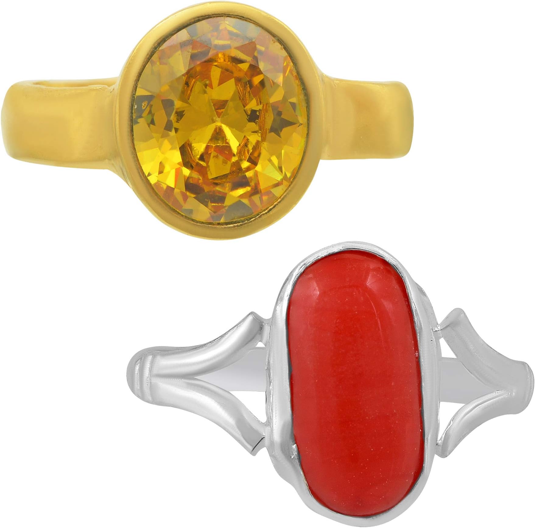 Gold and Silver Plated Red Coral Munga & Faux Pukhraj Finger Ring Combo Men Women
