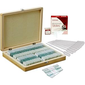 AmScope Deluxe Assorted Sample Specimens Set w/Microscope Slides & Slipcovers - 100 Prepared Sample Slides, 72 Blank Glass Slides + 100 Coverslips, 50 1mL Pipettes