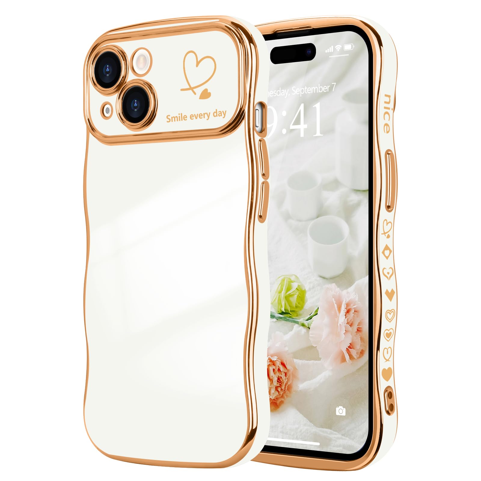 LCHULLE for iPhone 15 Case for Women Girls,Cute Curly Wave Frame Shape Love Heart Pattern Phone Case,Raised Camera Protection Luxury Plating Shockproof Cover for iPhone 15 6.1",White — image 1