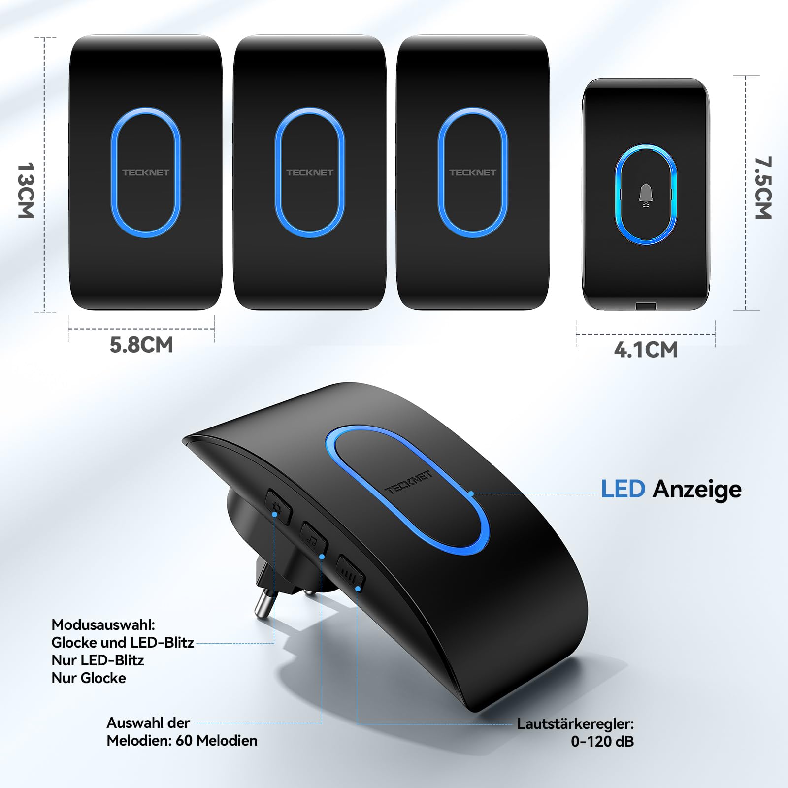 TECKNET Türklingel IP65 Funkklingel Aussen Wasserdicht, 400m Reichweite, Klingelset mit 1 Sender und 3 Empfängern, 5 Lautstärkestufen, 60 Melodien, Funkklingel mit LED-Blitz – Schwarz 6