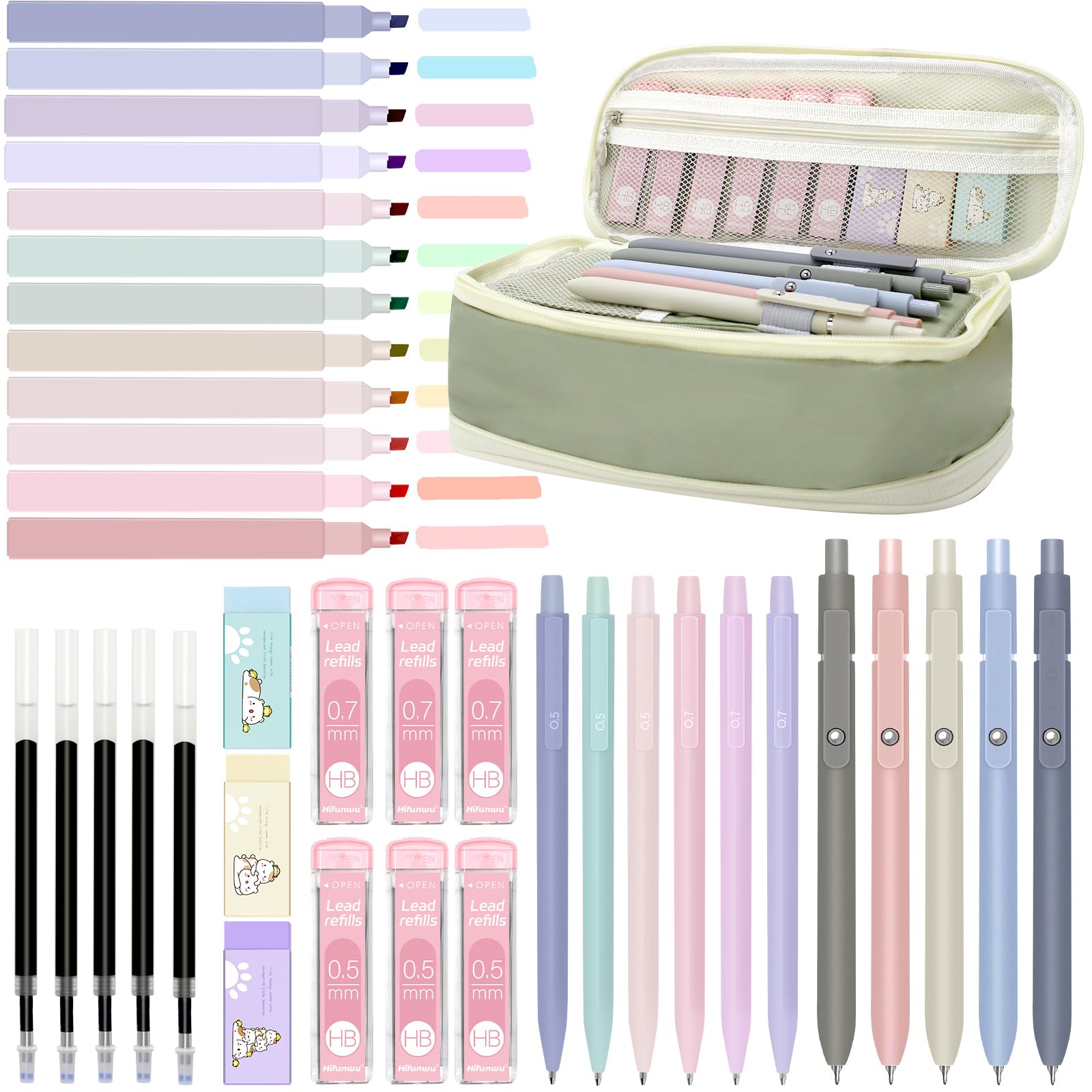 Photo 1 of Hifunwu 38 PCS Aesthetic School Supplies with Big Pen Case, 5 Black Ink Gel Pens, 12 Pastel Highlighters, 6 Mechanical Pencils Set 0.5 & 0.7 mm for Students Back to School