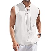 COOFANDY Men Tank Top Cotton Linen Beach Sleeveless Shirt Lace Up Bohemian Hippie Renaissance Pirate Kilt Medieval Tunic
