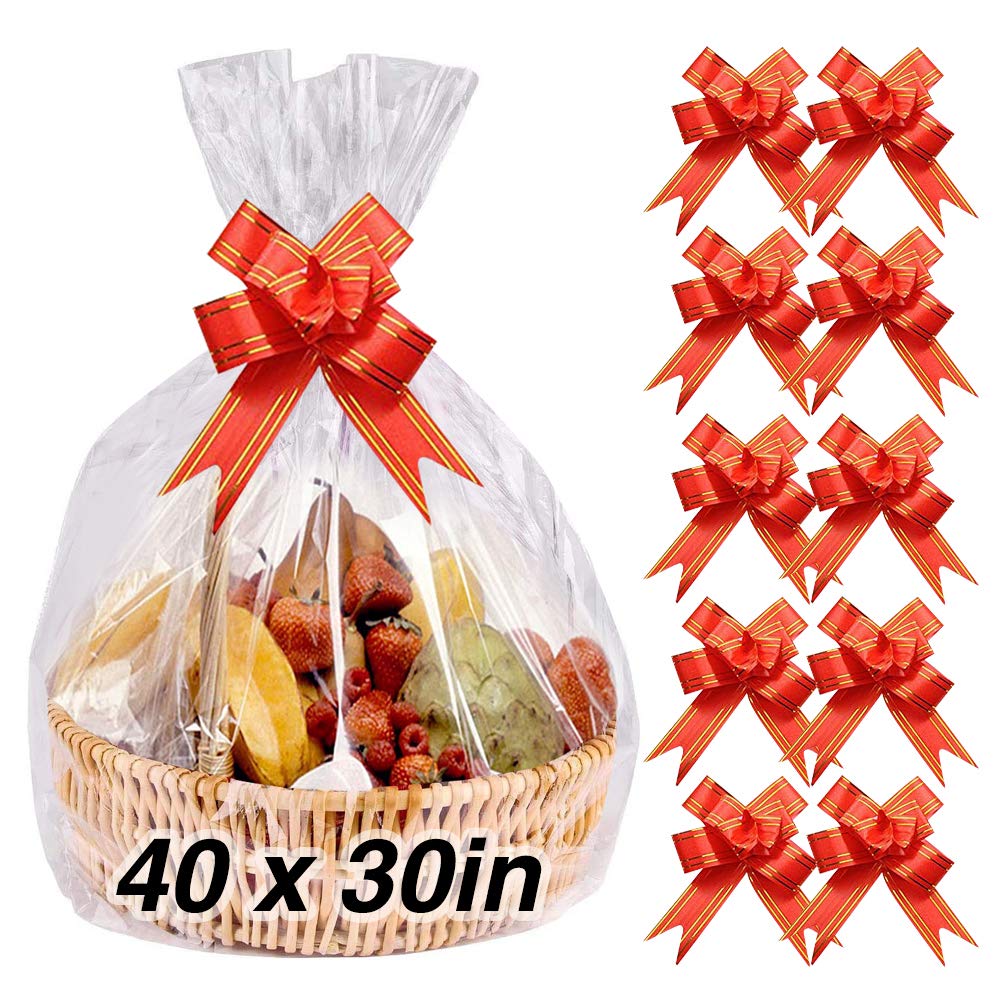 Clear Cellophane Bags for Hampers with Bow, AOBETAK 10PCS Extra Large Size Cellophane Bag Wrap and 10PCS Pull Bows Ribbon for Gifts,Christmas Baskets,Art and Crafts, Doll Garment,40x27in/100x70cm
