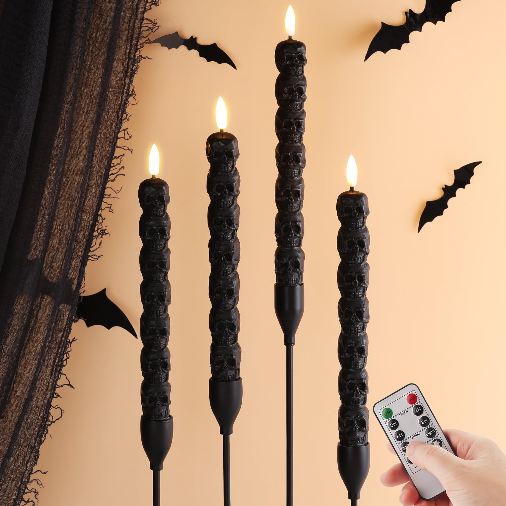 Photo 1 of Eywamage Halloween Flameless Taper Candles with Remote, Spooky Black Skull LED Candlesticks Battery Operated Flickering Real Wax Set of 4