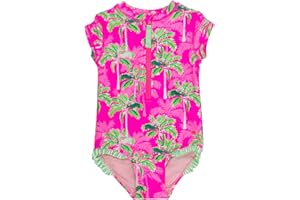 RuffleButts Girls UPF50+ Sun Protection Front Zipper Short Sleeve Rash Guard One Piece Swimsuit