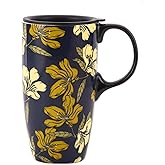 Topadorn Ceramic Coffee Mug Travel Cup Gift with Lid 17oz., Porcelain Tall Tea Cup with Handle for Home & Office, Yellow Floral Art Pattern Gift Mug, 6.5''H