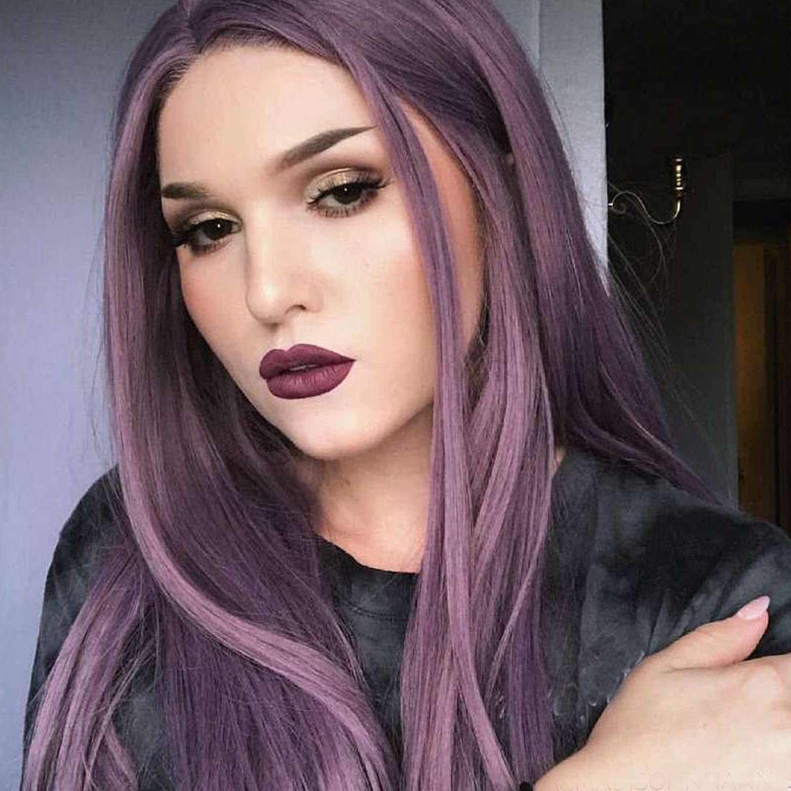 Purple Wig Lace Front Wigs for Women Long Silky Straight Ash Purple Synthetic Hair Glueless Heat Resistant Fiber Cosplay Daily Drag Queen Wig 24 Inches