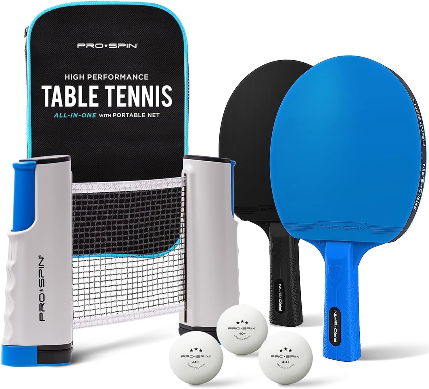 PRO-SPIN Portable Table Tennis Set | Premium All-in-One Kit with Retractable Table Tennis Net for Any Table, Bats, 3-Star Ping Pong Balls & Storage Case (2-Player Set, Ultra-Comfort Paddles)