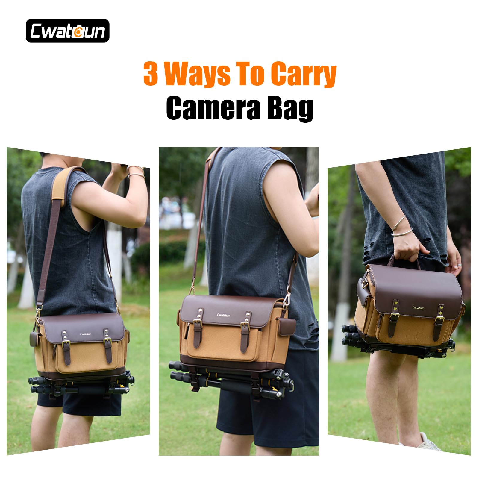 Cwatcun Camera Shoulder Bag, Vintage Leather Flap Camera Crossbody Messenger Bag, DSLR/SLR/Mirrorless Photography Bag with Tripod Holder, Camera Case Compatible with Canon/Nikon/Sony Camera and Lens