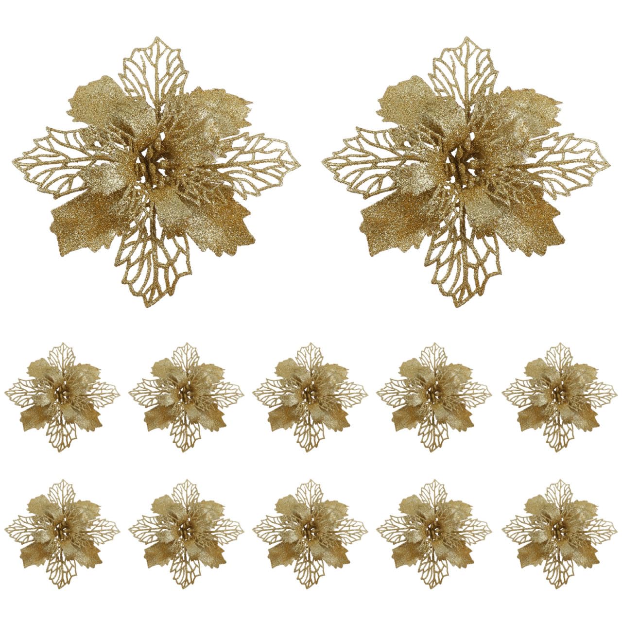 12pcs Glitter Poinsettia Christmas Artificial Flowers Christmas Tree Floral Ornaments Decorations Xmas Tree Pendant Christmas Wreath Filler (Golden)