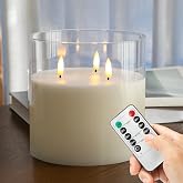 AFINETH Extra Large Flameless Candles with 3 Wicks, 6"x6" Glass Battery Operated Candles with Remote, Real Wax Flickering LED Candles Fake Candle for Home, Wedding, Party, Clear