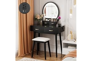 SMOOL Vanity with Lighted Mirror, Makeup Vanity Desk with Power Outlet and 4 Drawers, 3 Color Lighting Modes Adjustable Brightness, Vanity Table with Soft Cushioned Stool for Women Girls, Black