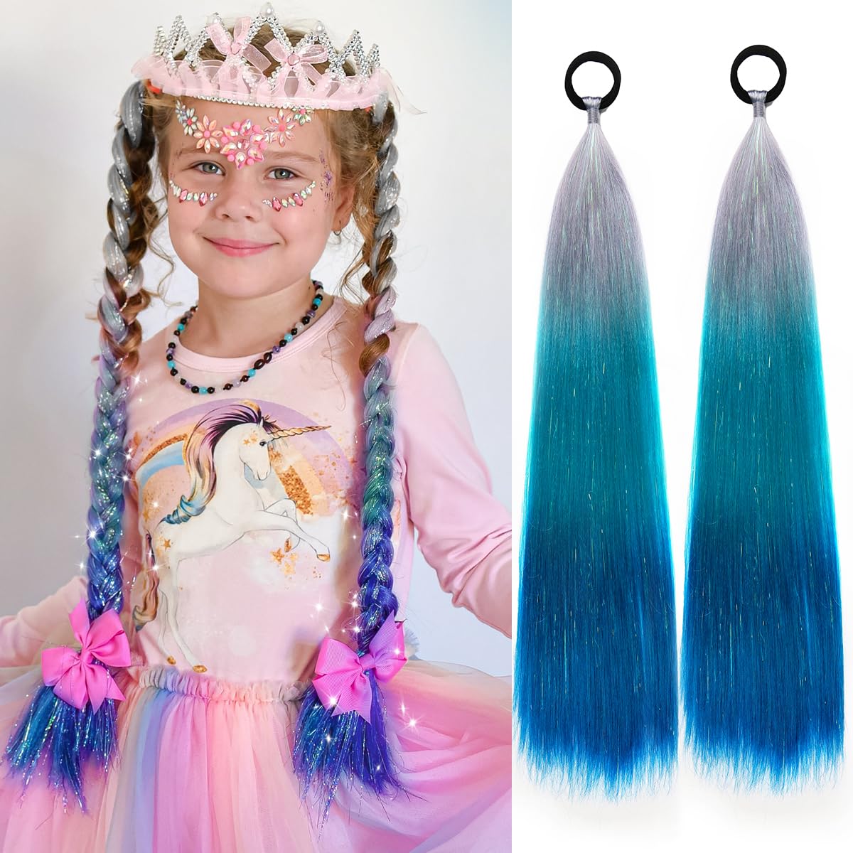 Rainbow Ponytail Extensions with Hair Tie 2 Packs 50g/Pack Coloured Hair Extensions for Braiding 26 inch Colourful Ombre Mermaid Pony Tail Synthetic Hair Extensions for Girl Women #S37 โ image 1